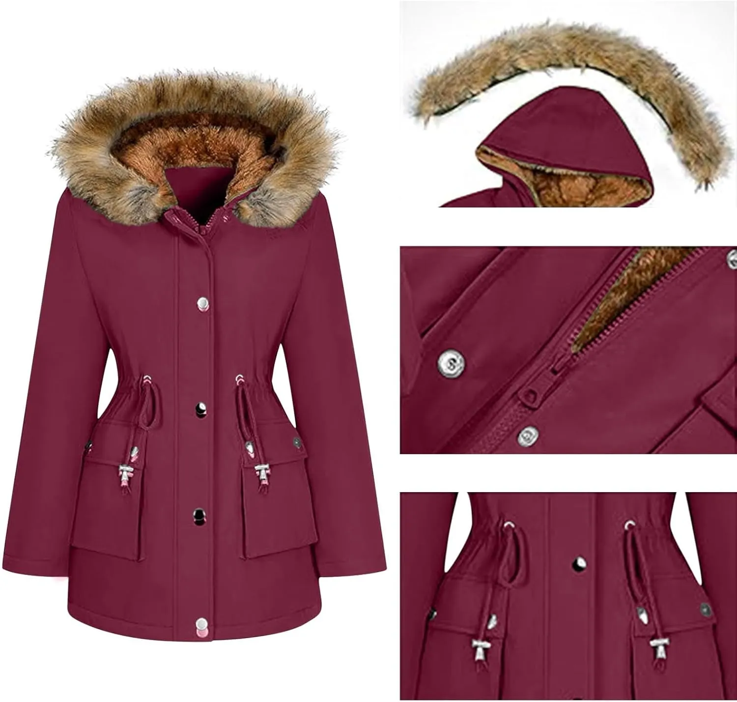 Plus Size Coats for Women with Fur Hood Waterproof Fleece Rain Jackets Drawstring Zipper Raincoats with Pockets