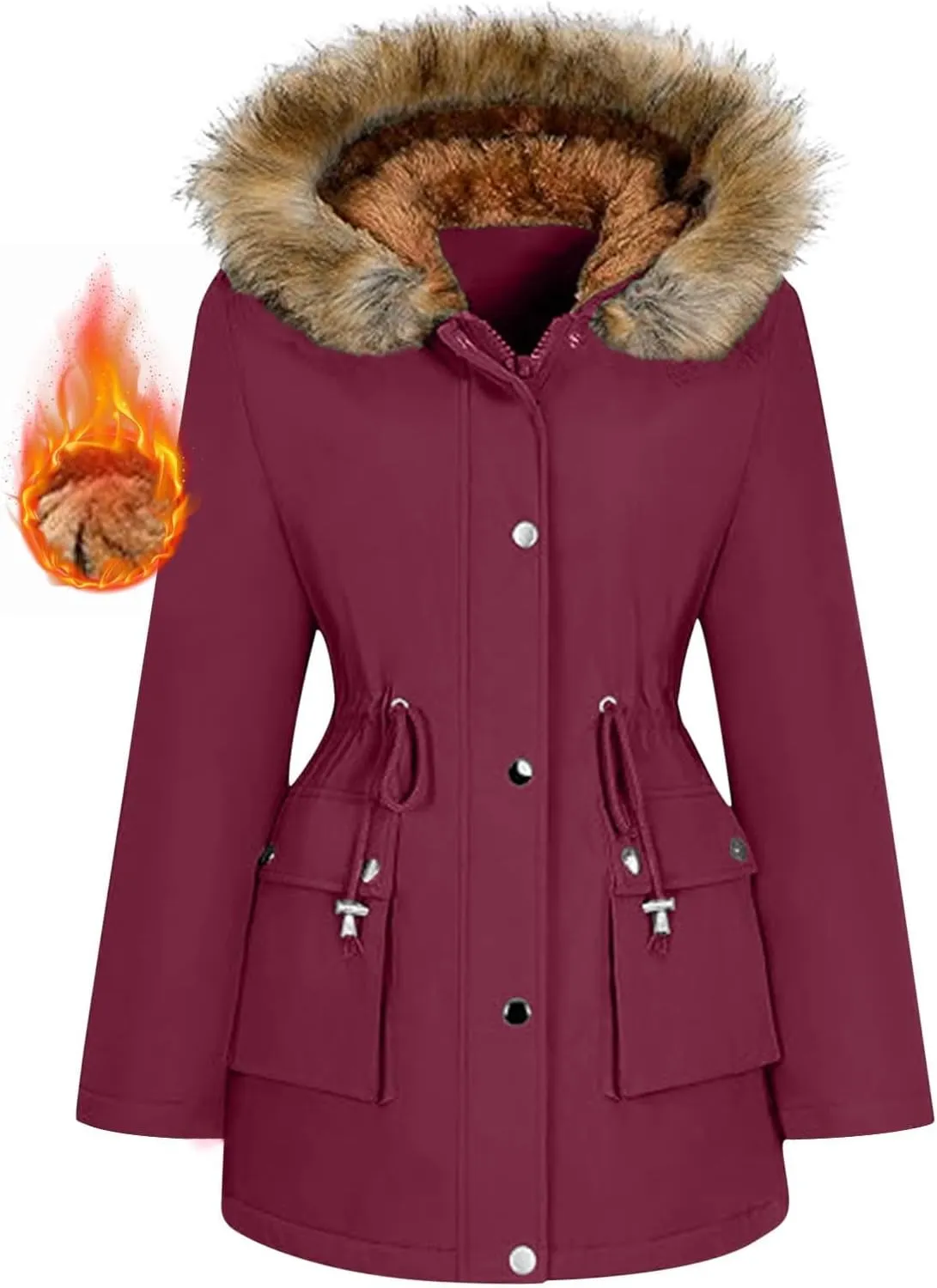 Plus Size Coats for Women with Fur Hood Waterproof Fleece Rain Jackets Drawstring Zipper Raincoats with Pockets
