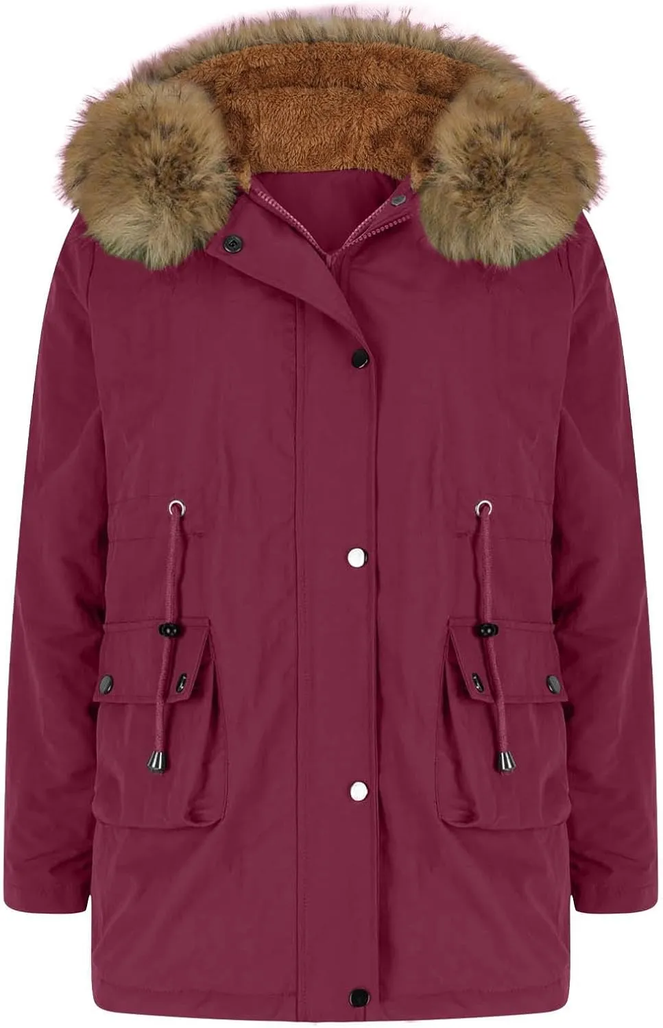 Plus Size Coats for Women with Fur Hood Waterproof Fleece Rain Jackets Drawstring Zipper Raincoats with Pockets