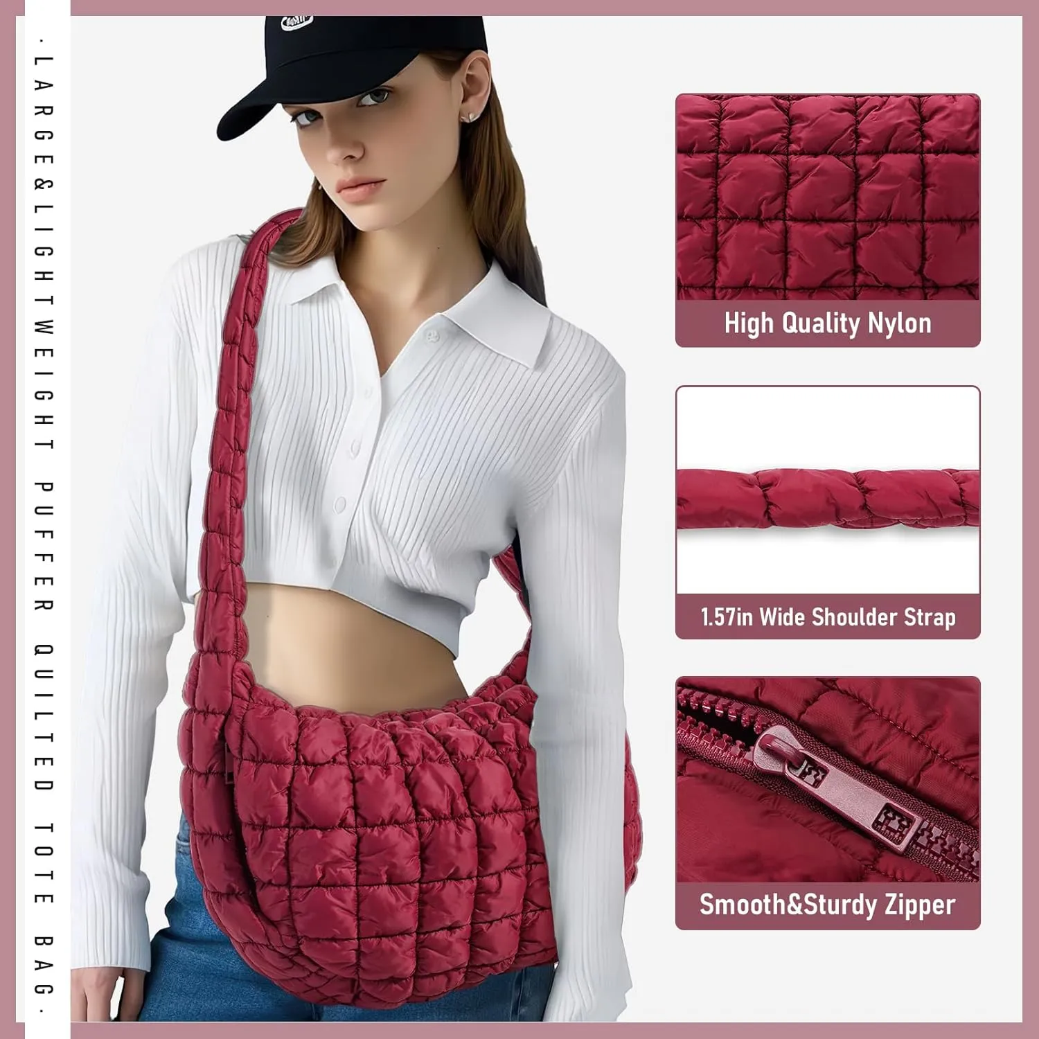 Puffer Bag for Women,Large Lightweight Quilted Tote Bag for Women Puffy Hobo Crossbody Handbags with Padding,Zip Pockets