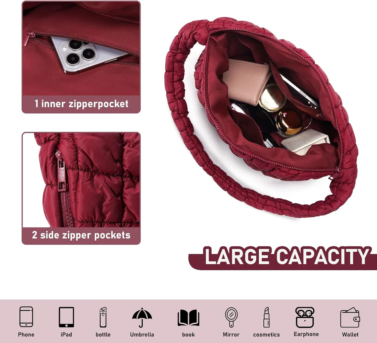 Puffer Bag for Women,Large Lightweight Quilted Tote Bag for Women Puffy Hobo Crossbody Handbags with Padding,Zip Pockets