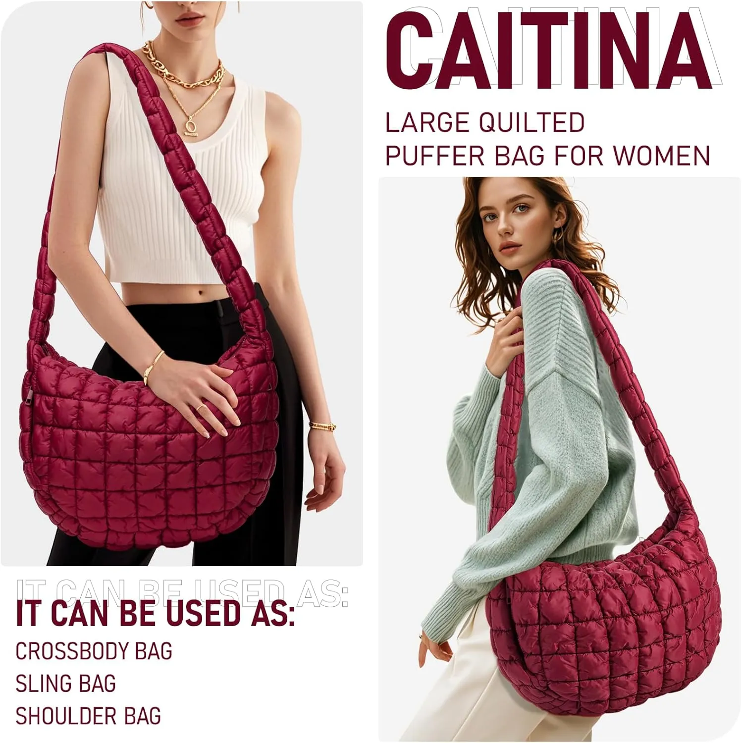 Puffer Bag for Women,Large Lightweight Quilted Tote Bag for Women Puffy Hobo Crossbody Handbags with Padding,Zip Pockets