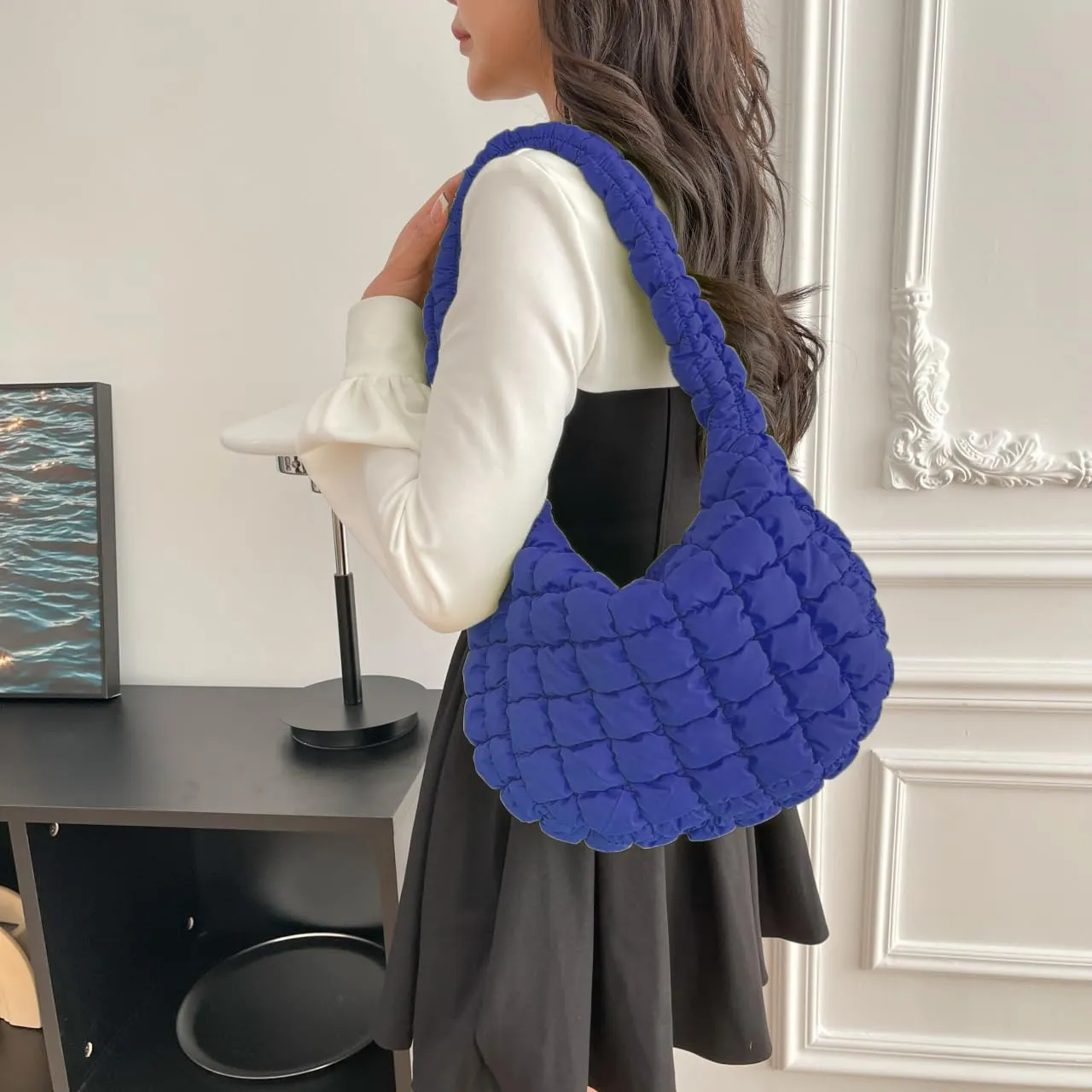 Puffer Carryall Tote Bag for Women Quilted Shoulder Bag for Travel Lightweight Cotton Padded Hobo Handbag