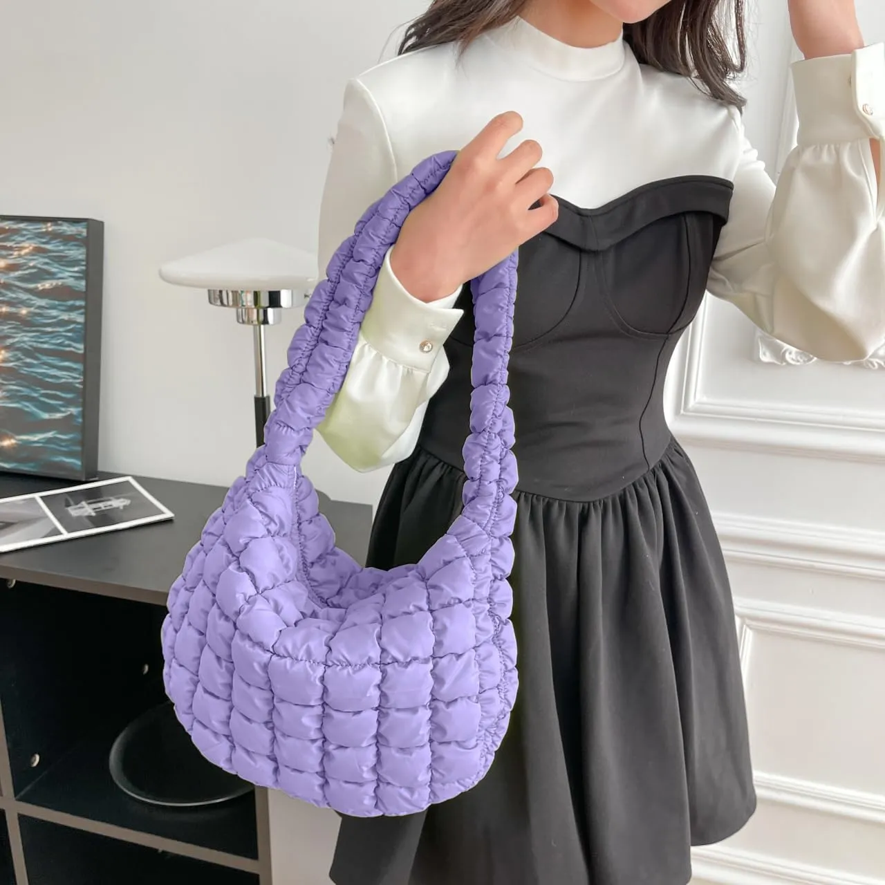 Puffer Carryall Tote Bag for Women Quilted Shoulder Bag for Travel Lightweight Cotton Padded Hobo Handbag