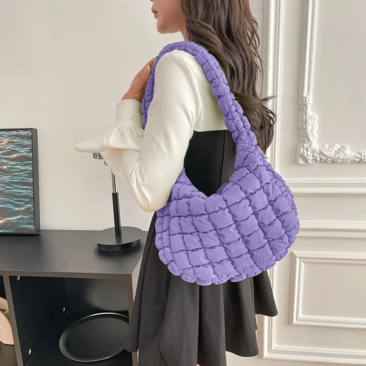 Puffer Carryall Tote Bag for Women Quilted Shoulder Bag for Travel Lightweight Cotton Padded Hobo Handbag