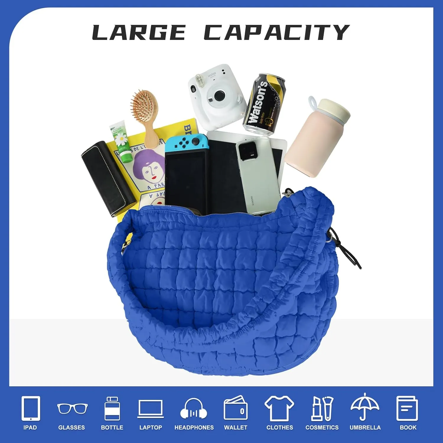 Puffer Tote Bag for Women, Large Puffy Quilted Crossbody Purse with Zipper Lightweight Shoulder Bag Handbag