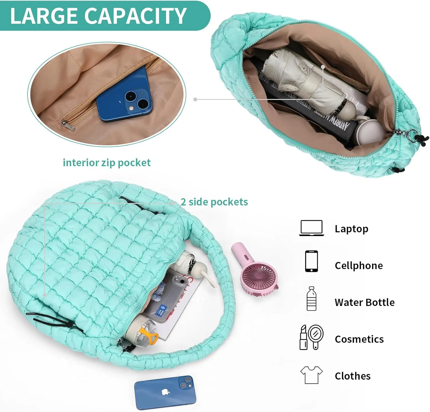 Puffer Tote Bag for Women - Large Quilted Crossbody Handbag - Lightweight Shoulder Hobo Bag - Soft Puffy Carryall