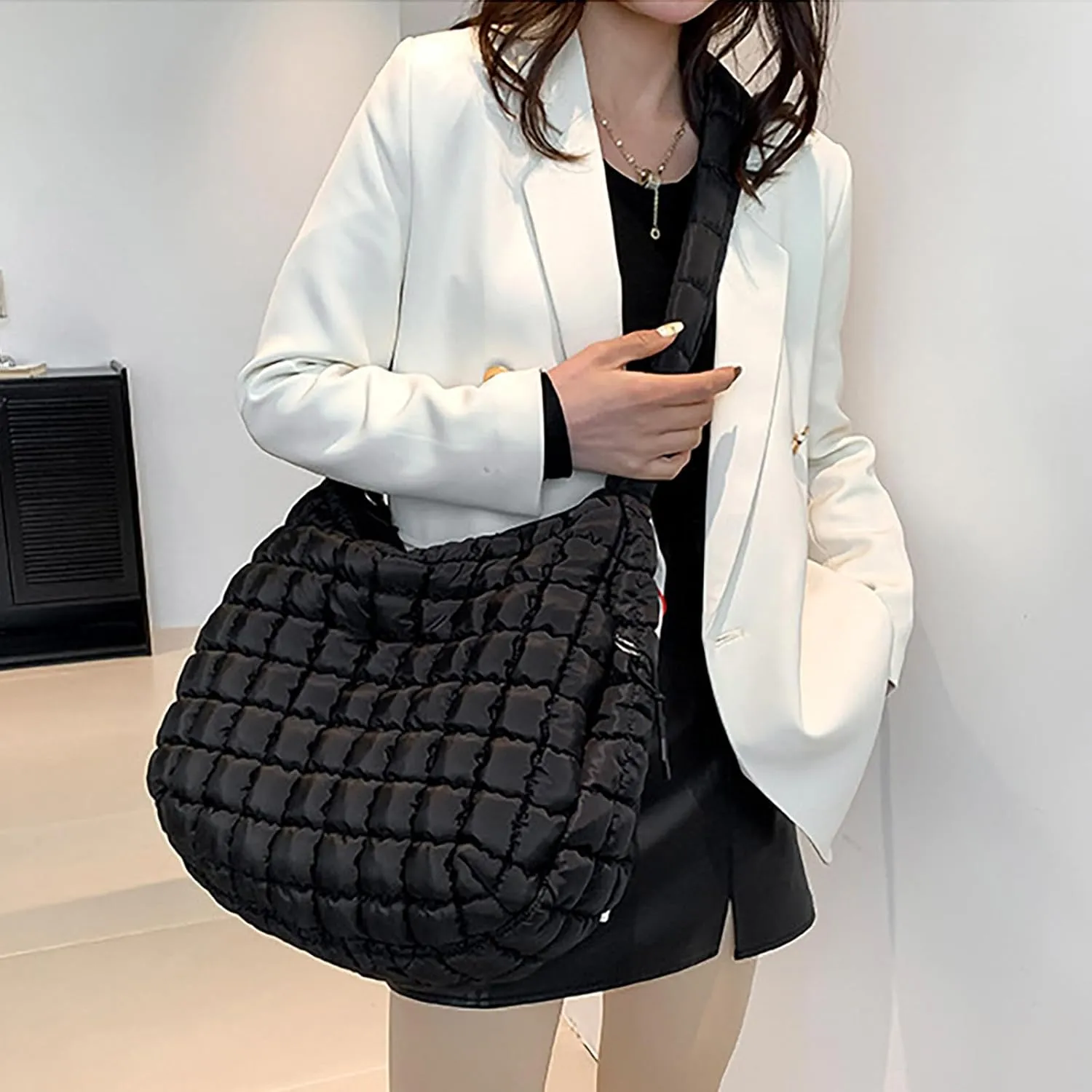 Puffer Tote Bag for Women Quilted Carryall Bags Large Crossbody Bag Puffy Shoulder Bag Lightweight Hobo Handbags