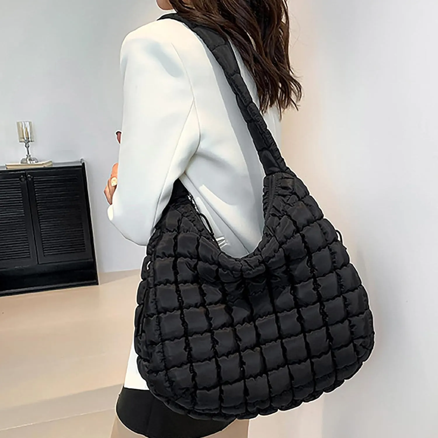 Puffer Tote Bag for Women Quilted Carryall Bags Large Crossbody Bag Puffy Shoulder Bag Lightweight Hobo Handbags