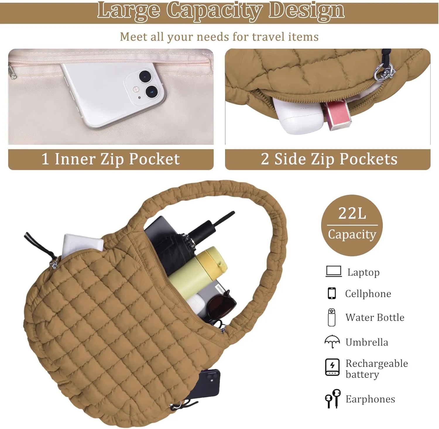 Puffer Tote Bag Quilted Tote Bag for Women Large Puffy Purse Lightweight Padding Cotton Crossbody Carryall Bag