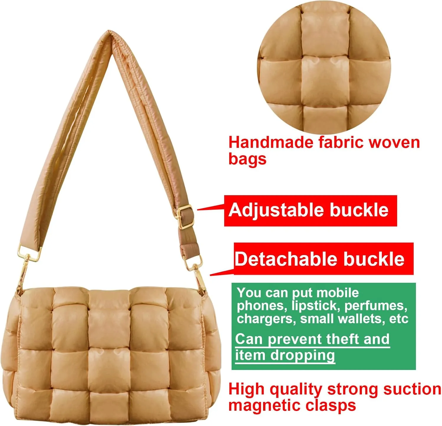Puffer Woven Crossbody Bag Purse Handbags for Women, Quilted Hobo Carryall Bag Shoulder Bags with Adjustable Strap