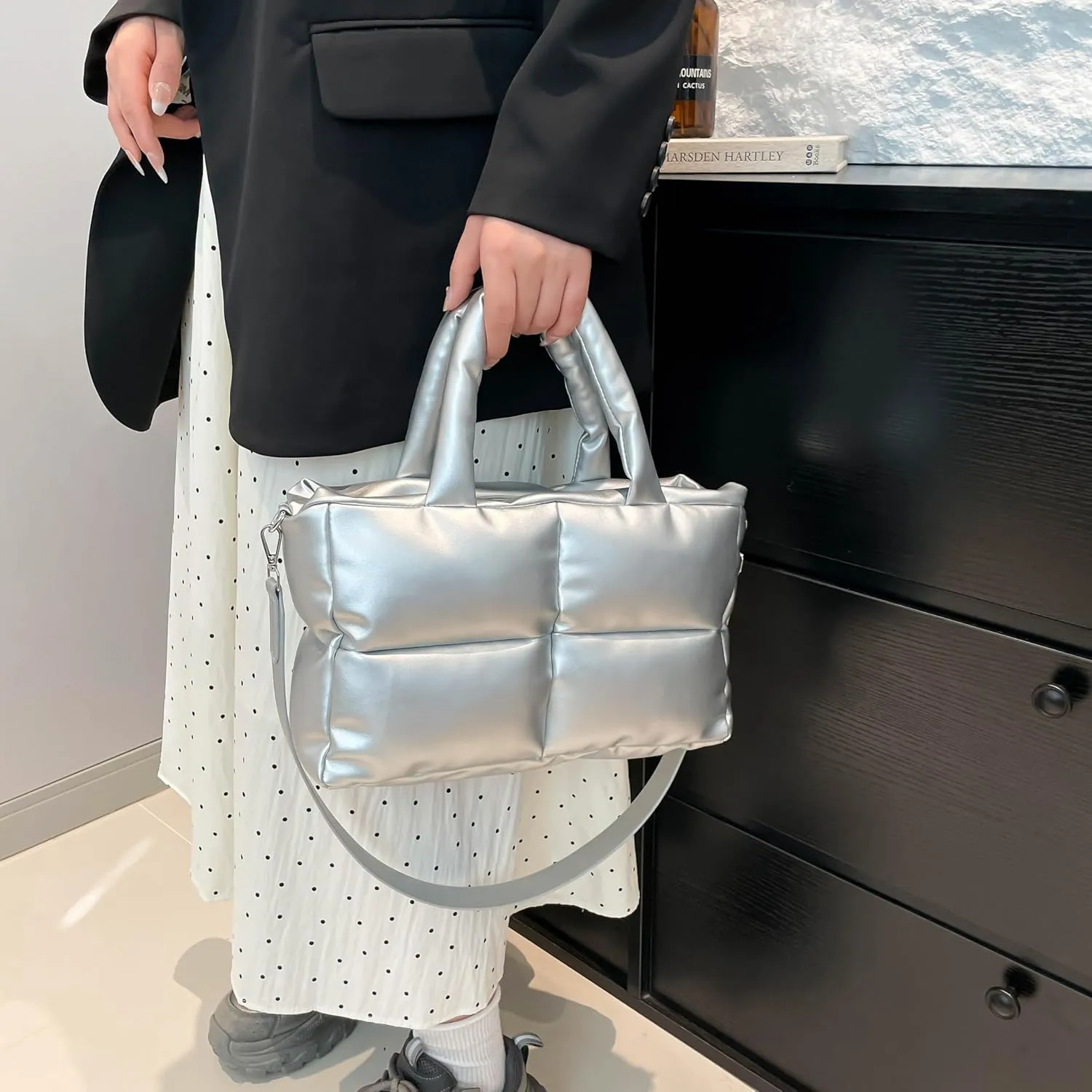 Puffy Handbags Tote Quilted Shoulder Crossbody Bag for Women Soft Vegan Leather Padded Purse