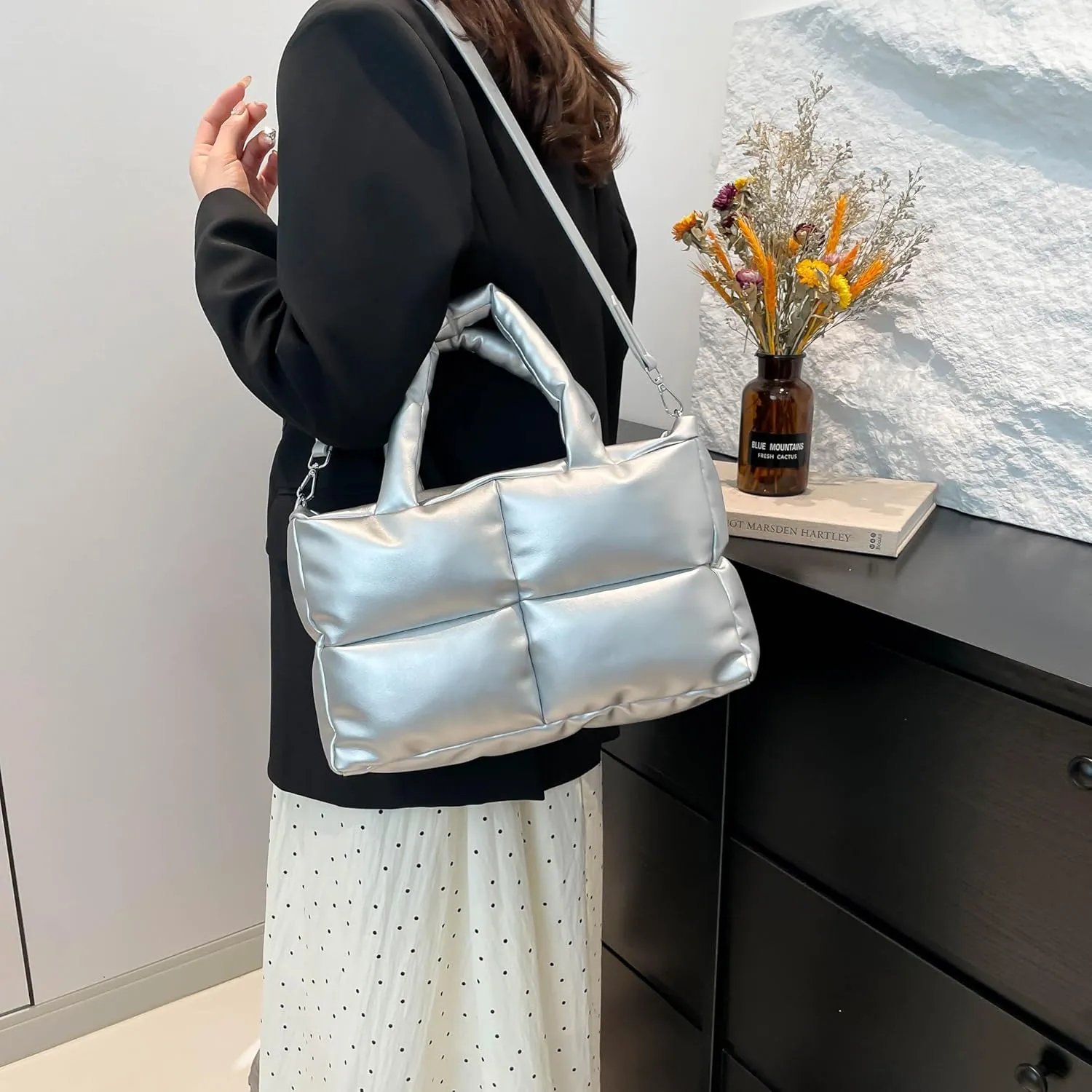Puffy Handbags Tote Quilted Shoulder Crossbody Bag for Women Soft Vegan Leather Padded Purse