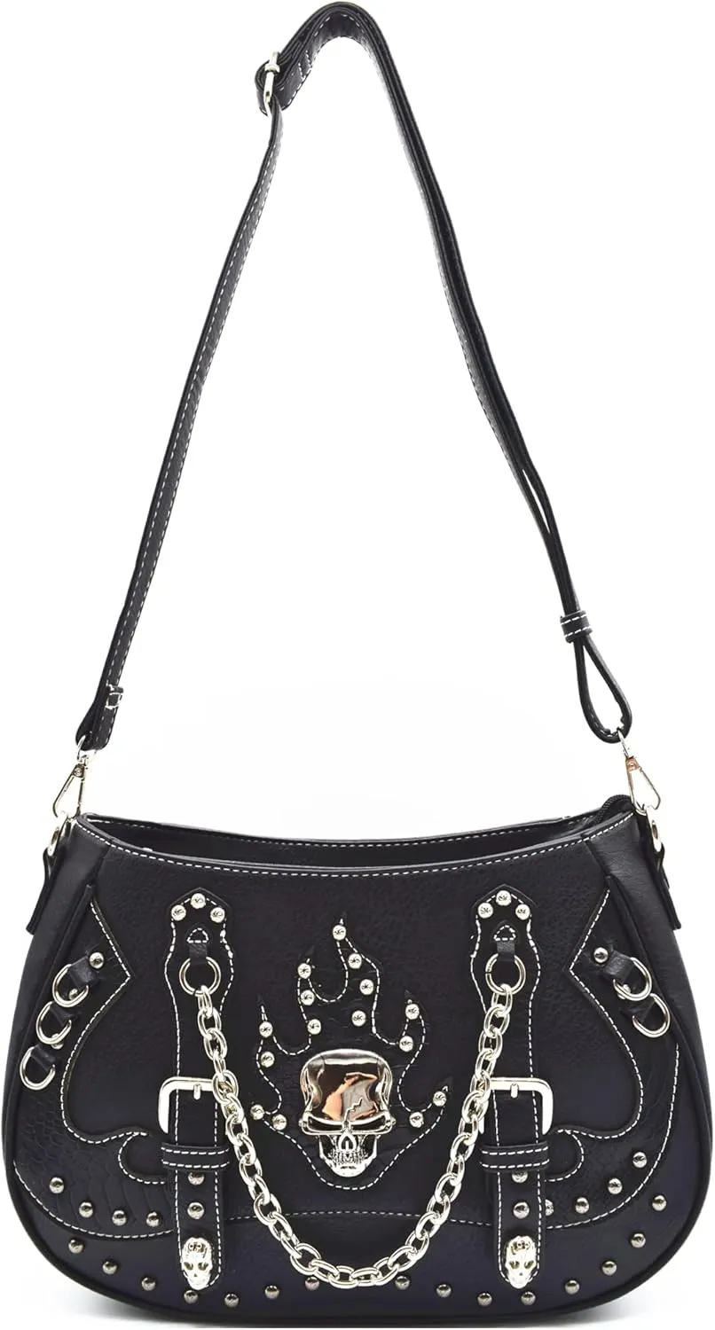Punk Gothic Rock Metallic Skull Chain Purse Skeleton Leather Shoulder Bag Crossbody Bag Satchel Women Handbag Wallet Set