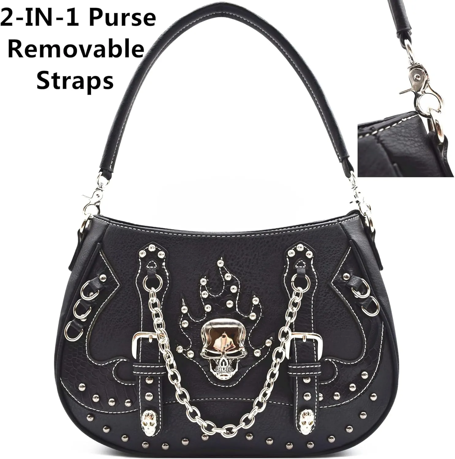 Punk Gothic Rock Metallic Skull Chain Purse Skeleton Leather Shoulder Bag Crossbody Bag Satchel Women Handbag Wallet Set