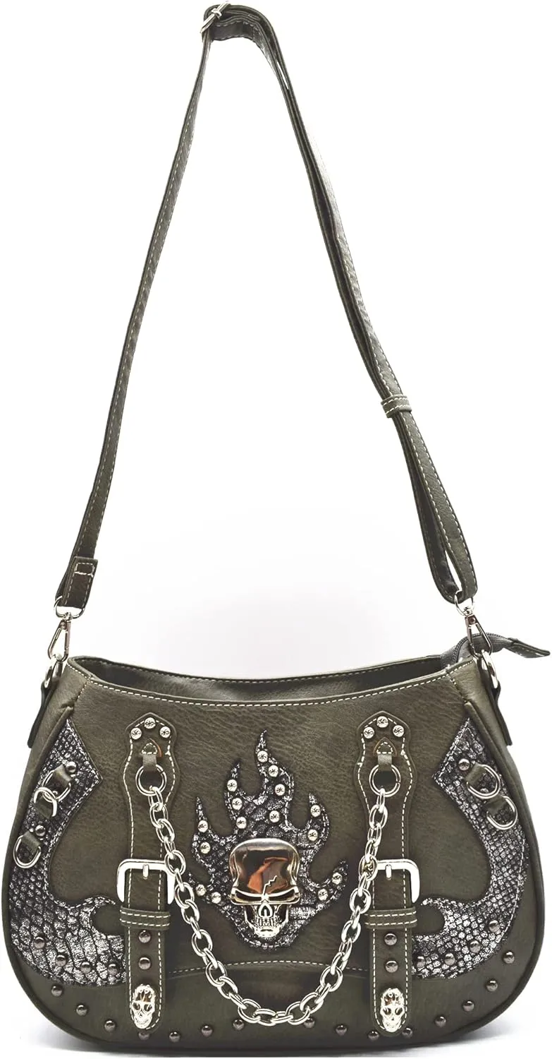 Punk Gothic Rock Metallic Skull Chain Purse Skeleton Leather Shoulder Bag Crossbody Bag Satchel Women Handbag Wallet Set