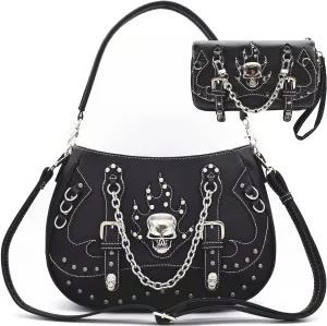 Punk Gothic Rock Metallic Skull Chain Purse Skeleton Leather Shoulder Bag Crossbody Bag Satchel Women Handbag Wallet Set