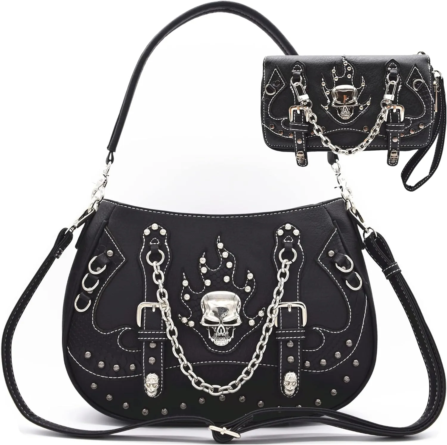 Punk Gothic Rock Metallic Skull Chain Purse Skeleton Leather Shoulder Bag Crossbody Bag Satchel Women Handbag Wallet Set