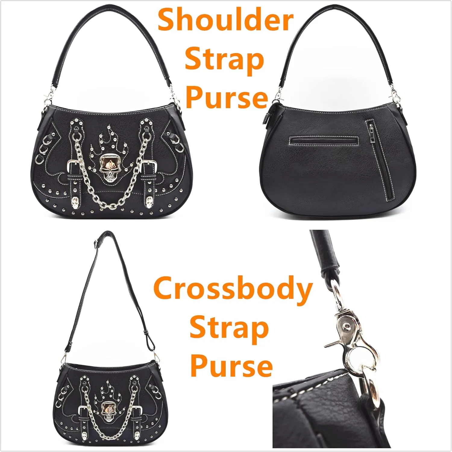 Punk Gothic Rock Metallic Skull Chain Purse Skeleton Leather Shoulder Bag Crossbody Bag Satchel Women Handbag Wallet Set