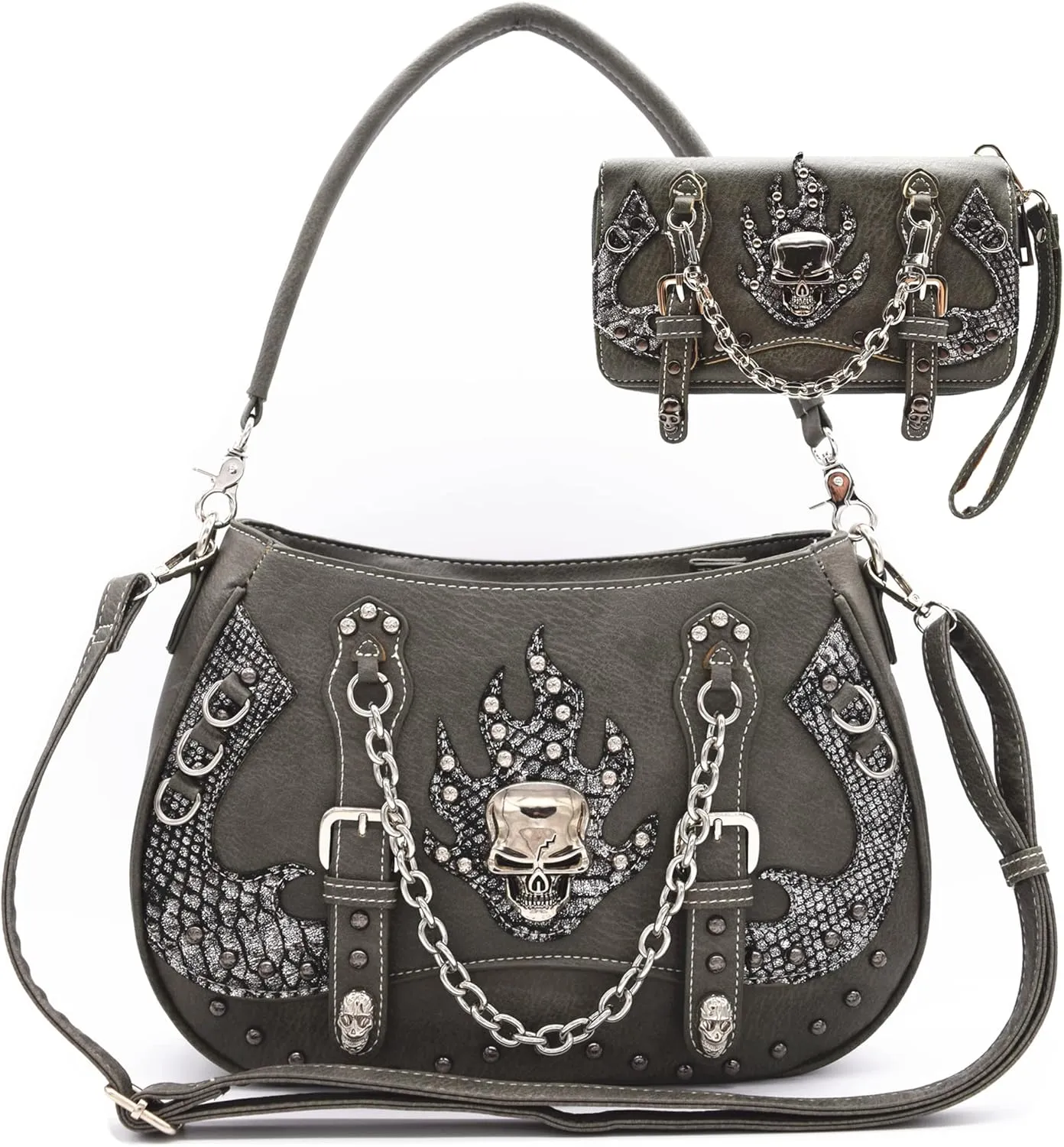 Punk Gothic Rock Metallic Skull Chain Purse Skeleton Leather Shoulder Bag Crossbody Bag Satchel Women Handbag Wallet Set