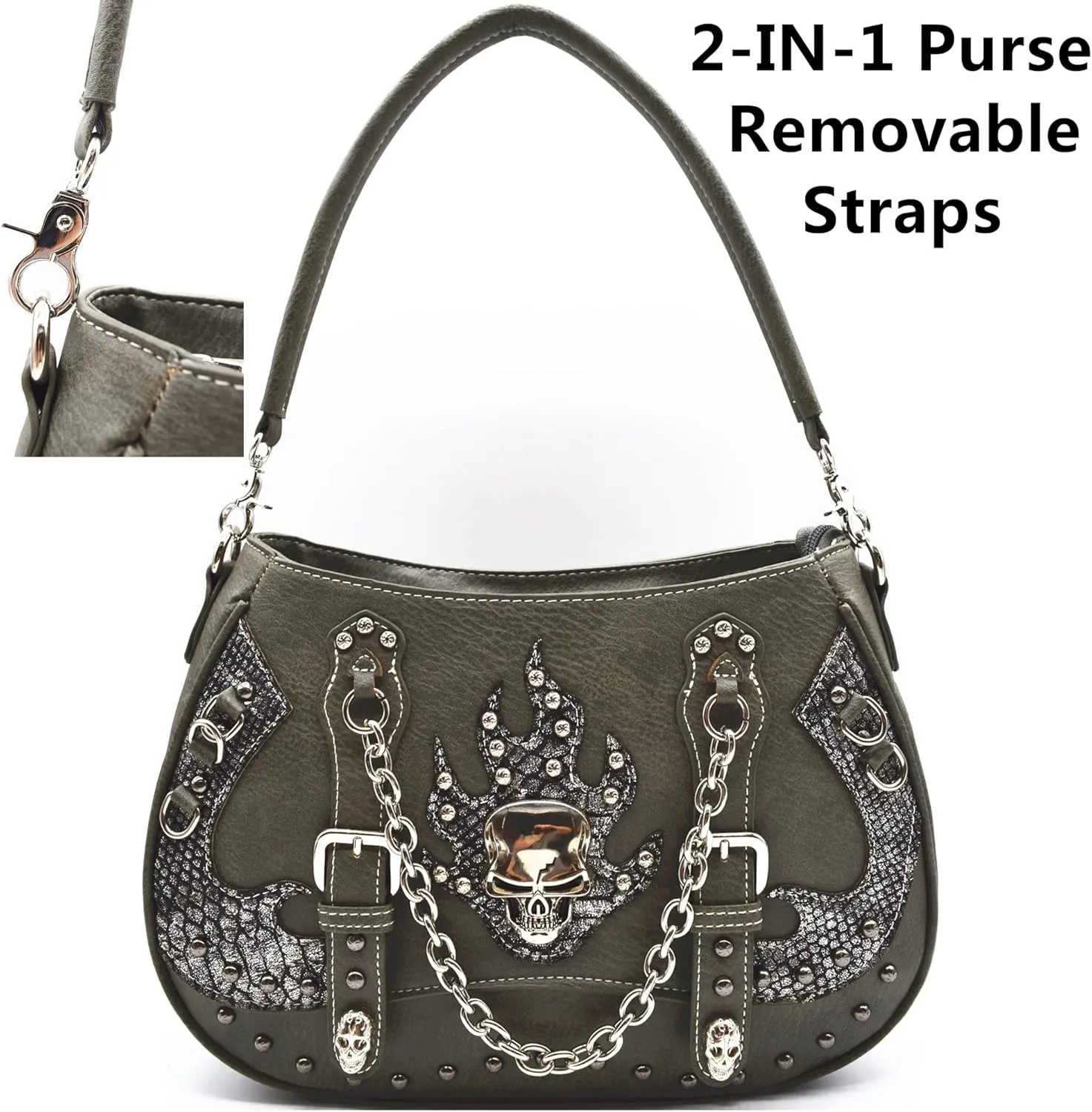 Punk Gothic Rock Metallic Skull Chain Purse Skeleton Leather Shoulder Bag Crossbody Bag Satchel Women Handbag Wallet Set