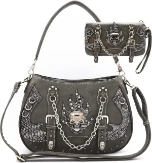 Punk Gothic Rock Metallic Skull Chain Purse Skeleton Leather Shoulder Bag Crossbody Bag Satchel Women Handbag Wallet Set