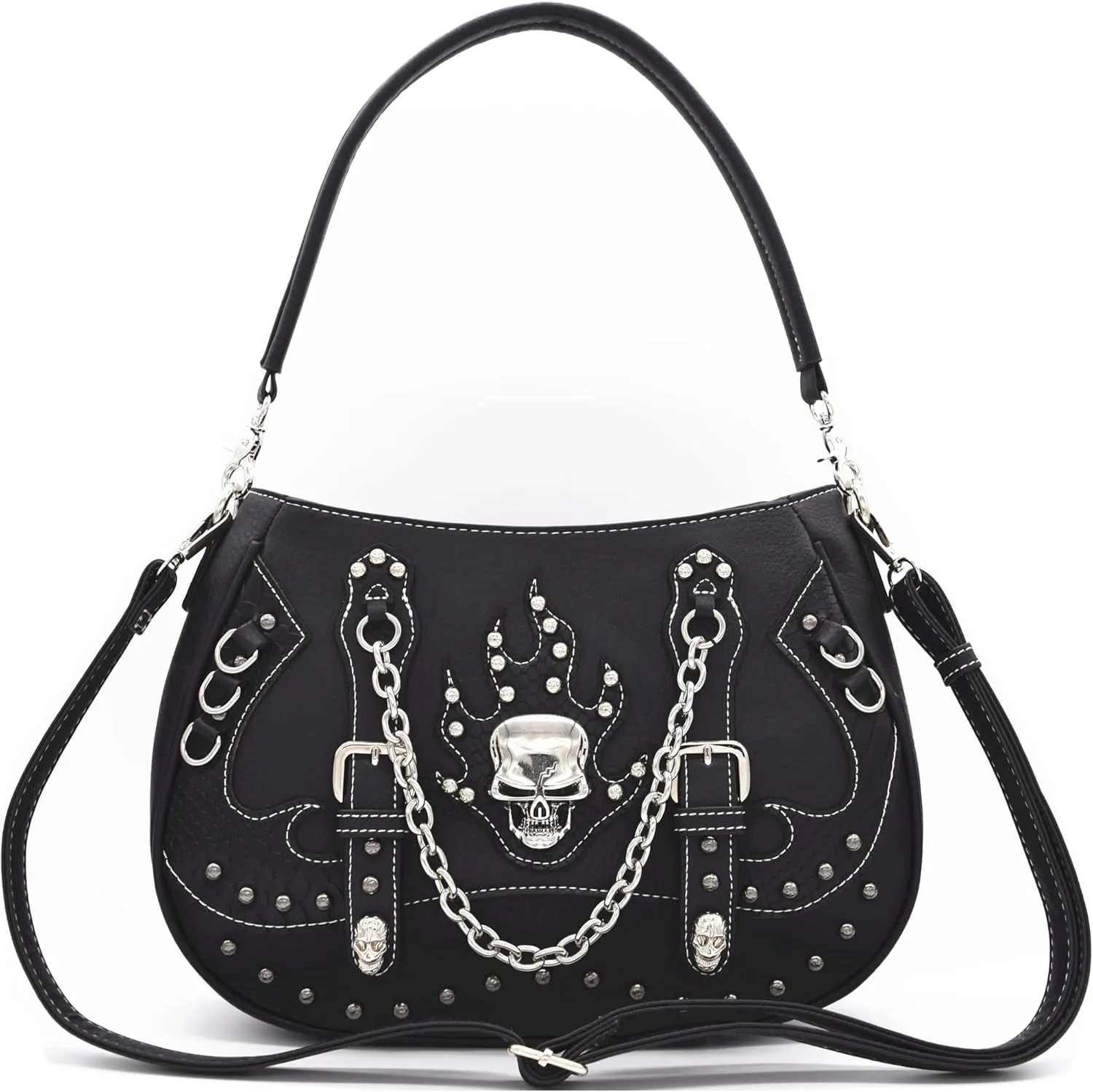 Punk Gothic Rock Metallic Skull Chain Purse Skeleton Leather Shoulder Bag Crossbody Bag Satchel Women Handbag Wallet Set