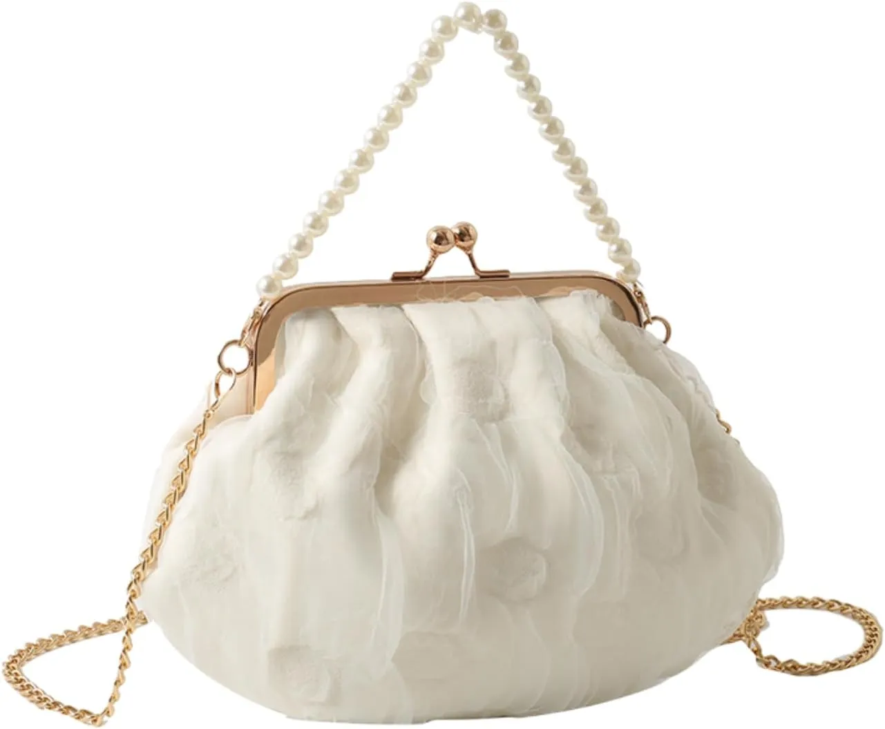 Pure White Pearl Handbag for Women - Elegant Mesh & Lace Mini Purse with Detachable Strap,Chic Crossbody