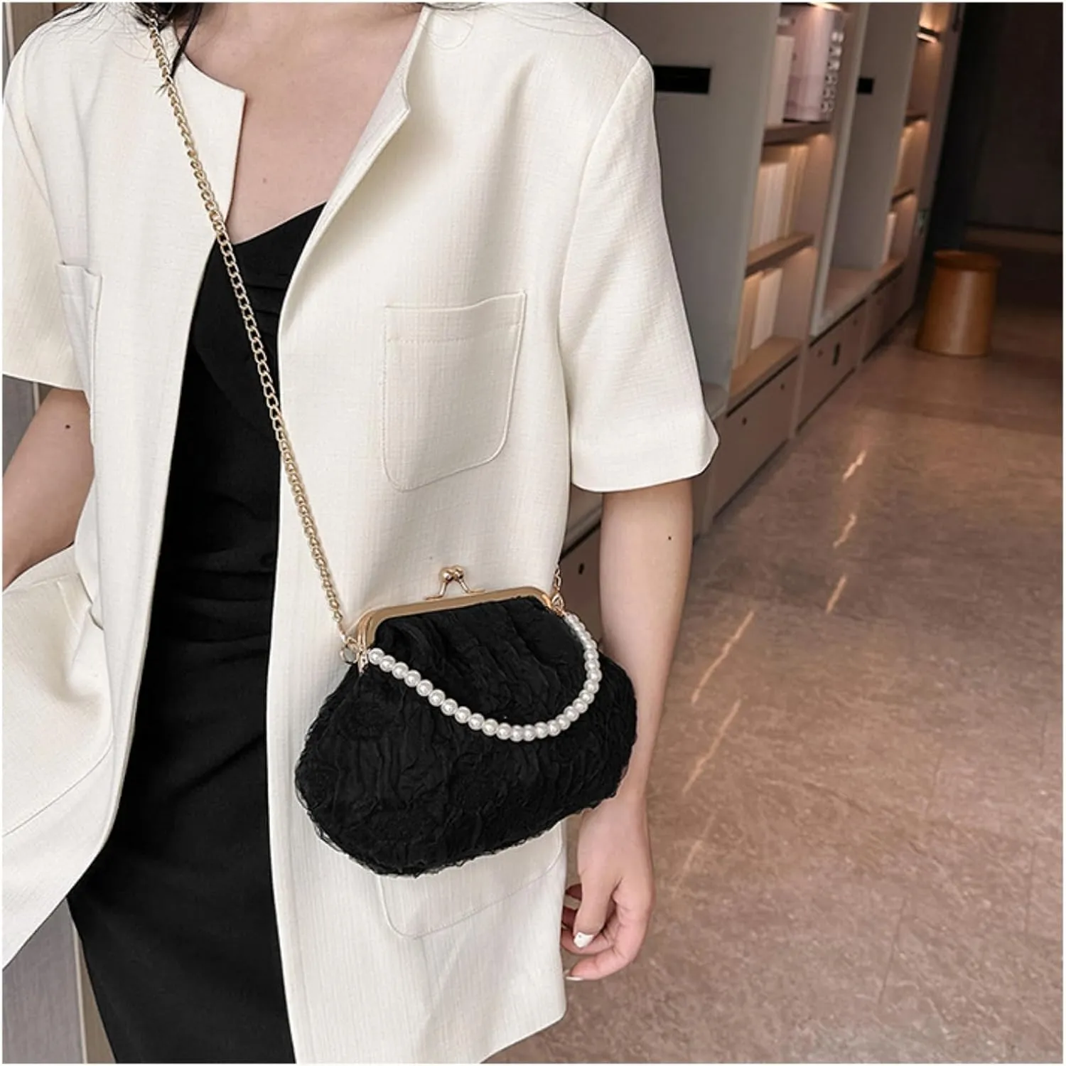 Pure White Pearl Handbag for Women - Elegant Mesh & Lace Mini Purse with Detachable Strap,Chic Crossbody