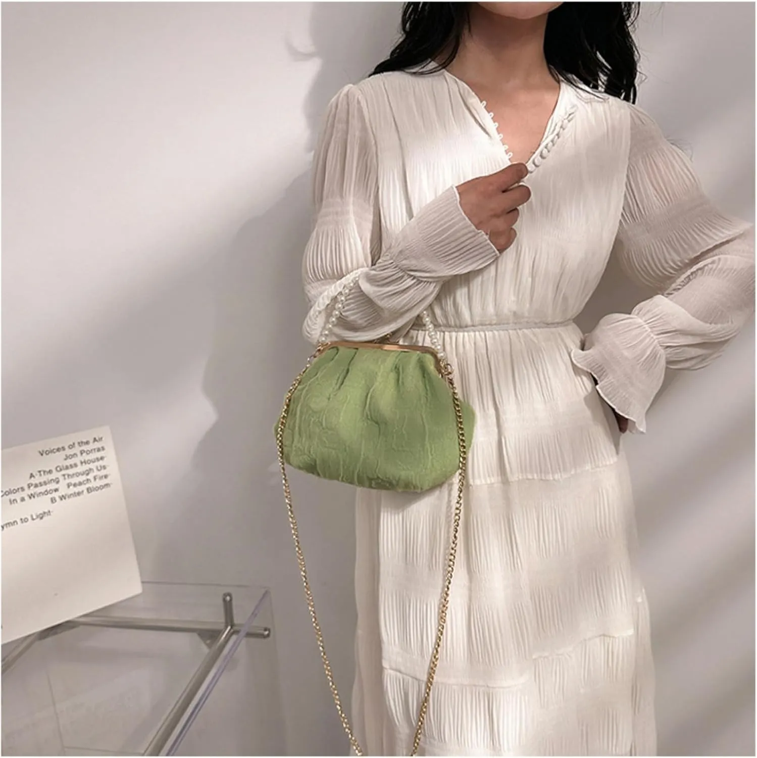 Pure White Pearl Handbag for Women - Elegant Mesh & Lace Mini Purse with Detachable Strap,Chic Crossbody