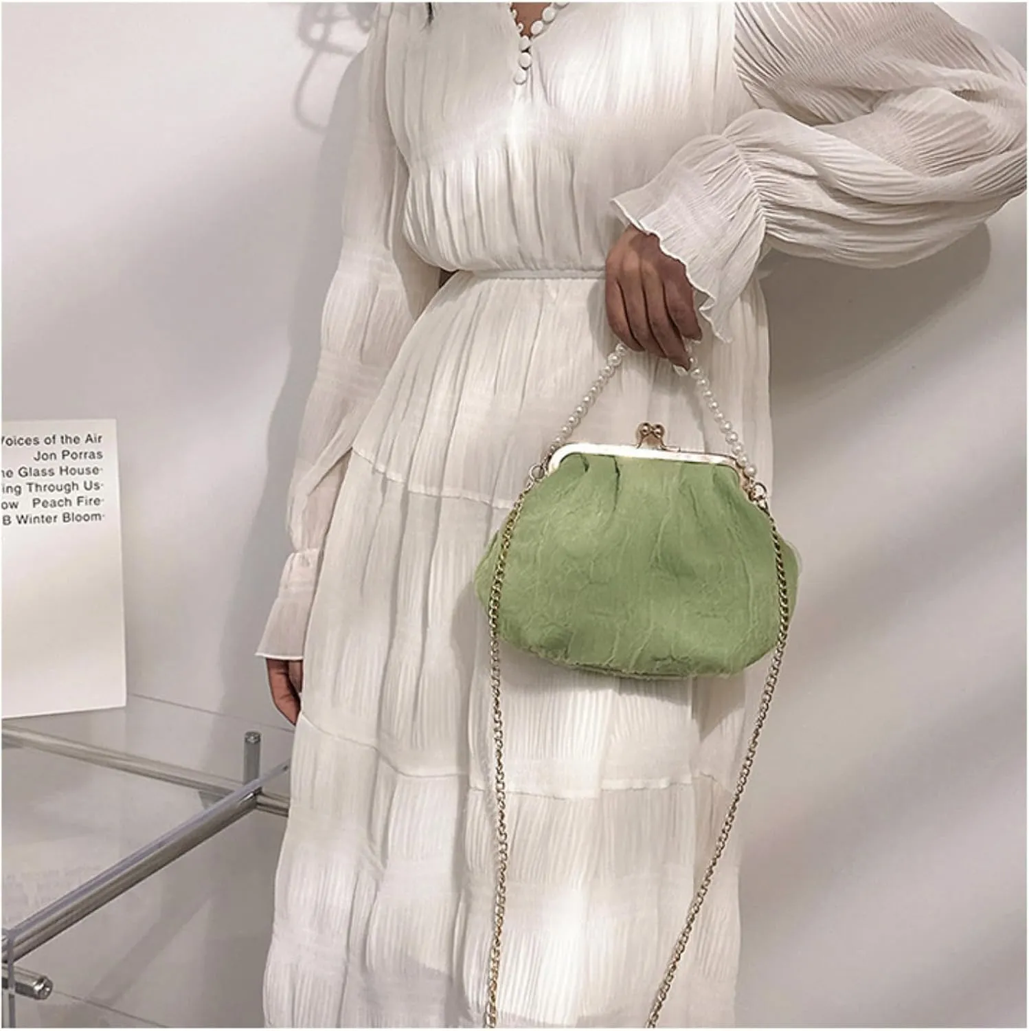Pure White Pearl Handbag for Women - Elegant Mesh & Lace Mini Purse with Detachable Strap,Chic Crossbody