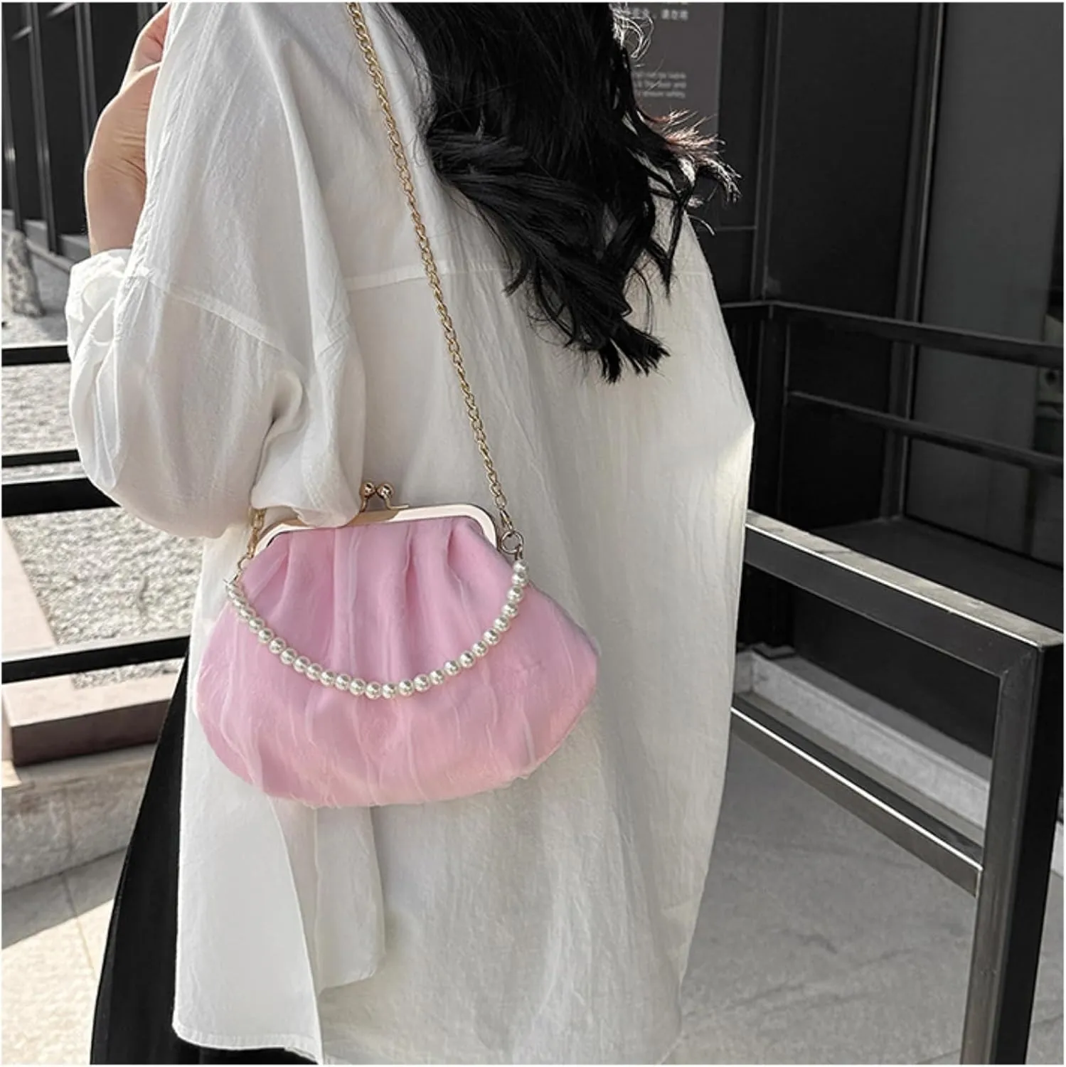 Pure White Pearl Handbag for Women - Elegant Mesh & Lace Mini Purse with Detachable Strap,Chic Crossbody