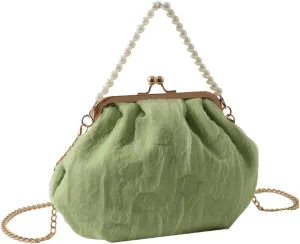 Pure White Pearl Handbag for Women - Elegant Mesh & Lace Mini Purse with Detachable Strap,Chic Crossbody