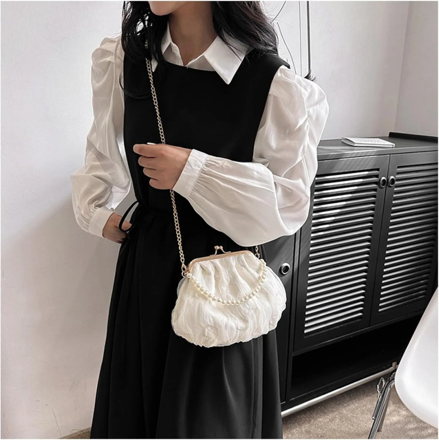 Pure White Pearl Handbag for Women - Elegant Mesh & Lace Mini Purse with Detachable Strap,Chic Crossbody