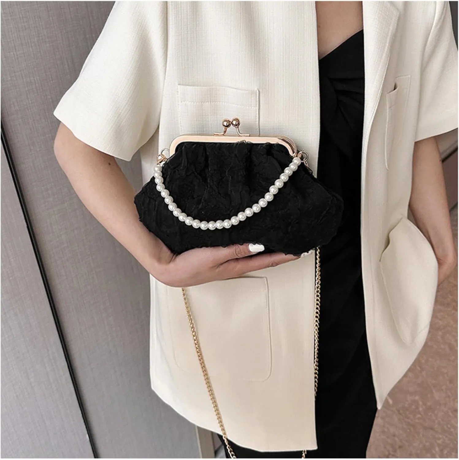 Pure White Pearl Handbag for Women - Elegant Mesh & Lace Mini Purse with Detachable Strap,Chic Crossbody