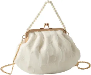 Pure White Pearl Handbag for Women - Elegant Mesh & Lace Mini Purse with Detachable Strap,Chic Crossbody