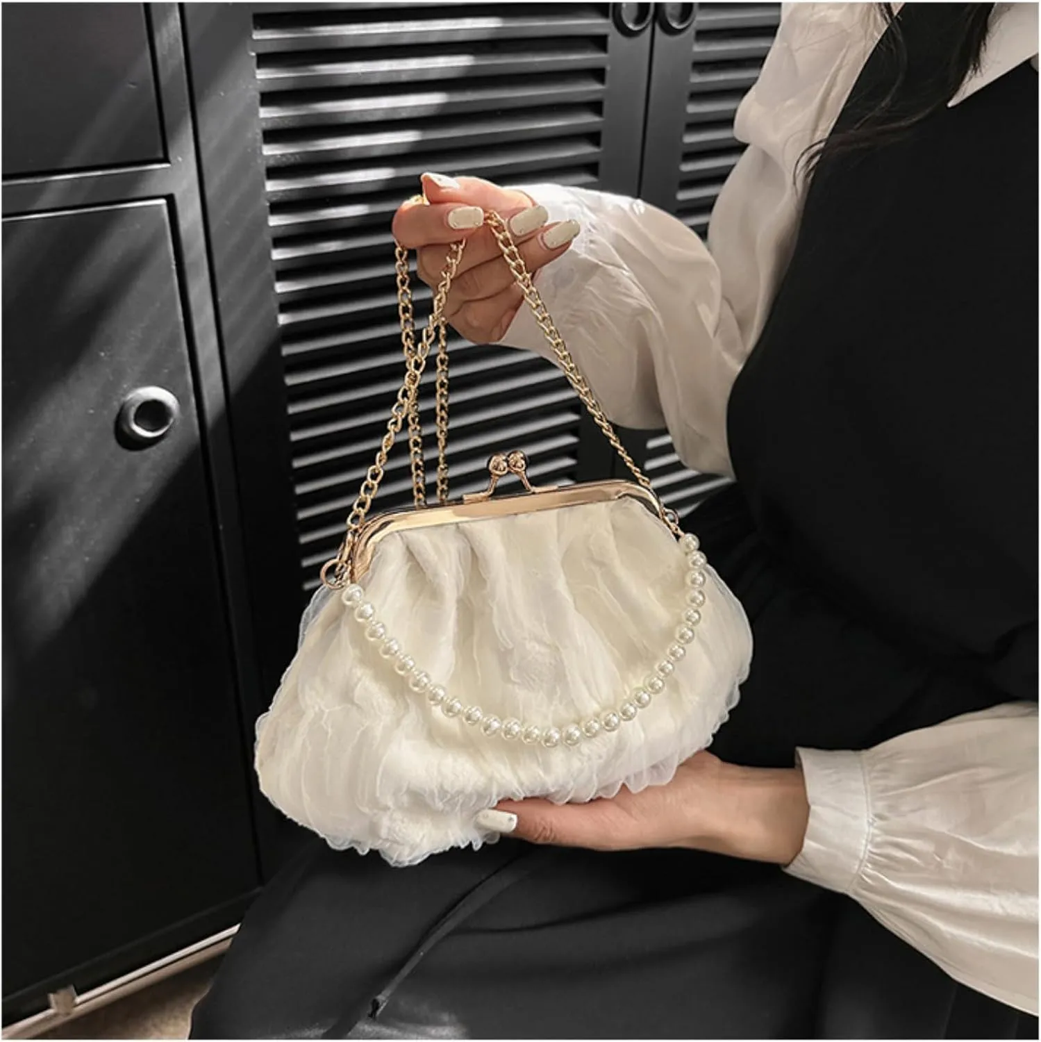 Pure White Pearl Handbag for Women - Elegant Mesh & Lace Mini Purse with Detachable Strap,Chic Crossbody