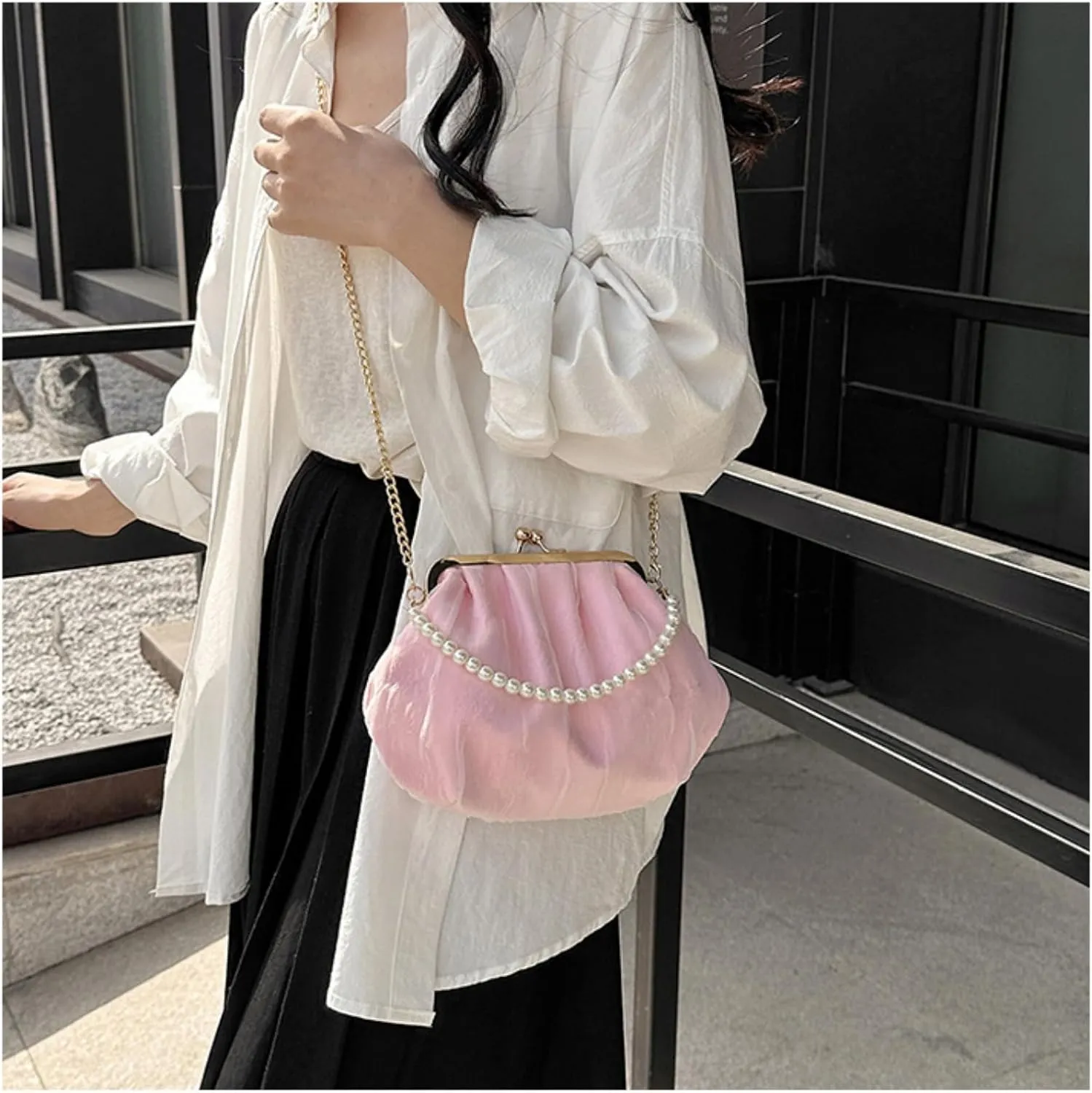 Pure White Pearl Handbag for Women - Elegant Mesh & Lace Mini Purse with Detachable Strap,Chic Crossbody