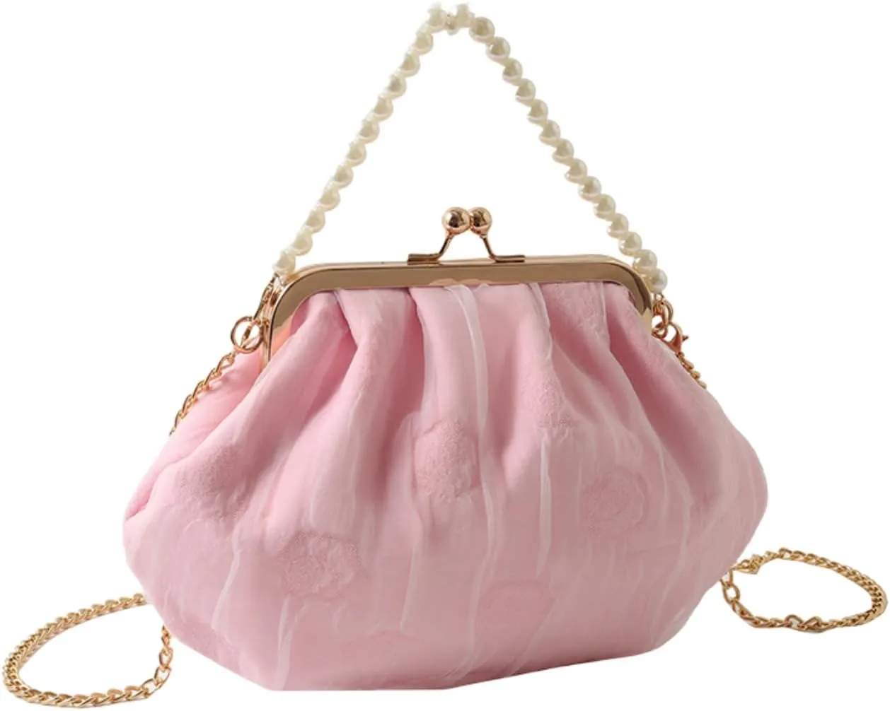 Pure White Pearl Handbag for Women - Elegant Mesh & Lace Mini Purse with Detachable Strap,Chic Crossbody