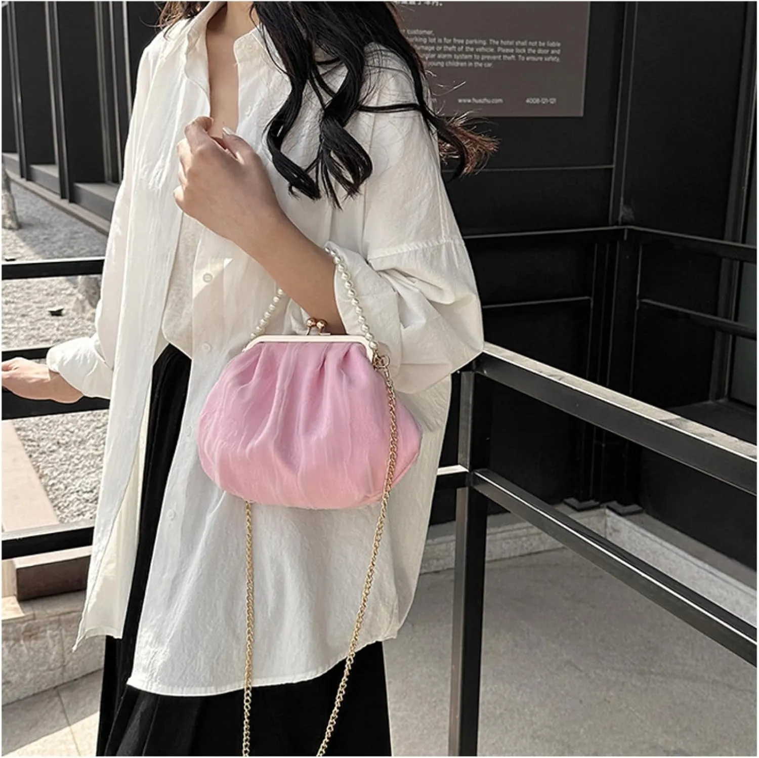 Pure White Pearl Handbag for Women - Elegant Mesh & Lace Mini Purse with Detachable Strap,Chic Crossbody