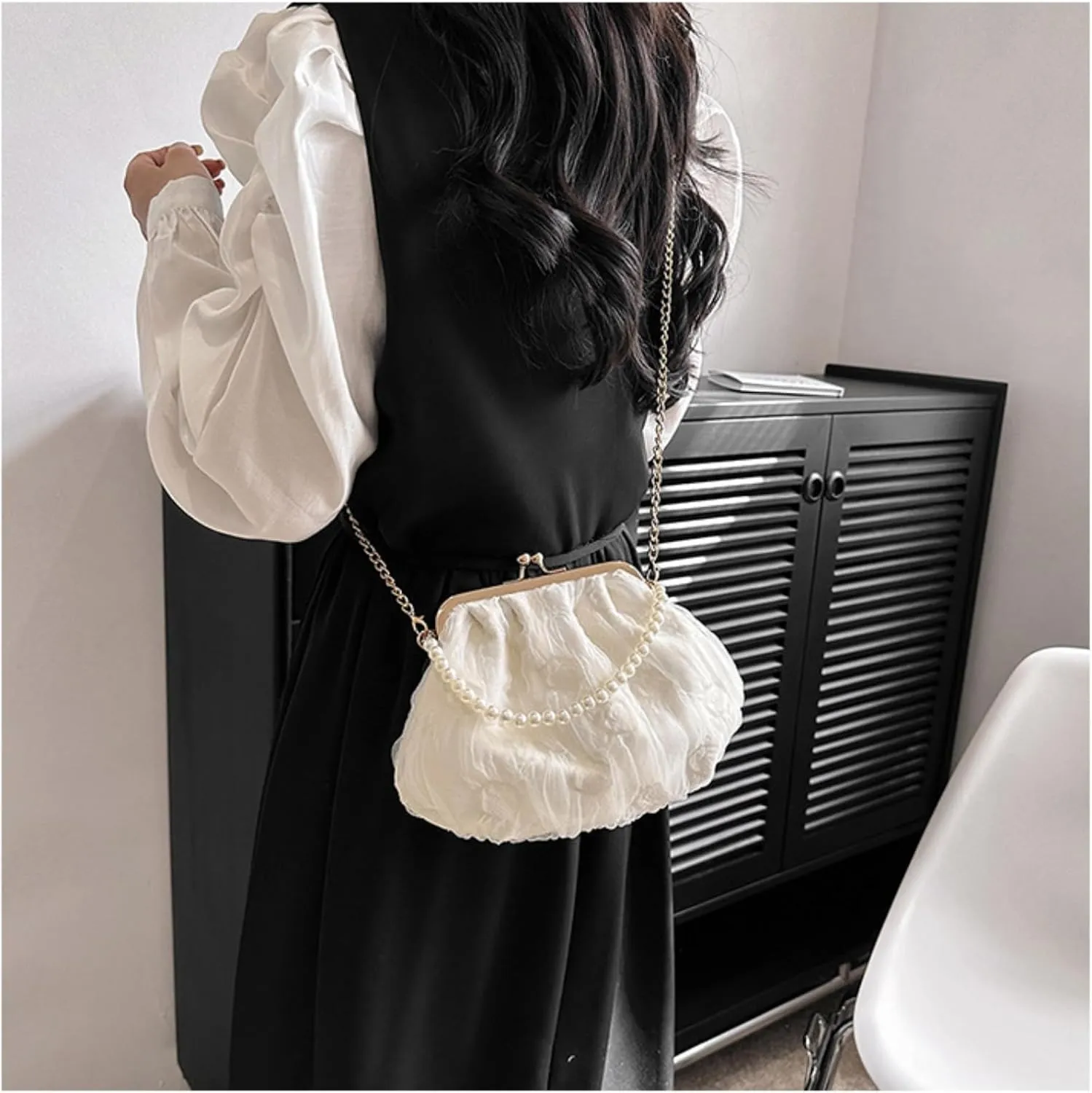 Pure White Pearl Handbag for Women - Elegant Mesh & Lace Mini Purse with Detachable Strap,Chic Crossbody