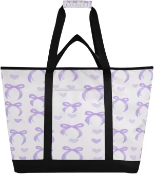 Purple Bow Love Reusable Insulated Lunchbox Cooler Bag, Leakproof Kitchen Grocery Bag Collapsible Portable Cooler Tote Bag for Picnic, Camping, Office, Travel