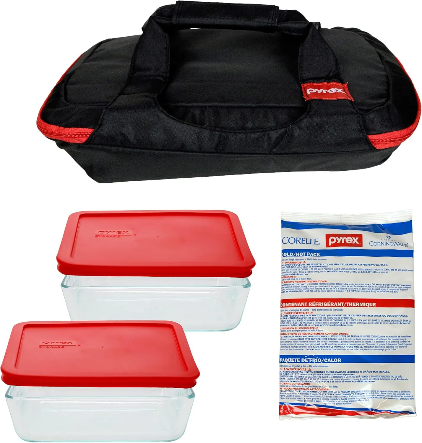 Pyrex Portables Black/Red Insulated Carrier Tote for Hot or Cold Food, Picnic, Potluck, and Cookout, Comes with (2) 7211 Clear Glass Dishes, (2) 7211-PC Red Lids, and (1) Large Hot/Cold Pack