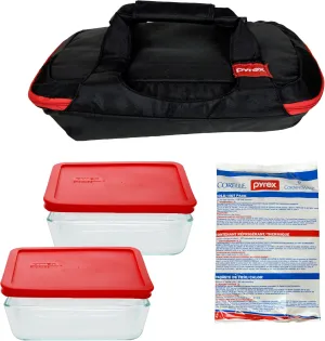 Pyrex Portables Black/Red Insulated Carrier Tote for Hot or Cold Food, Picnic, Potluck, and Cookout, Comes with (2) 7211 Clear Glass Dishes, (2) 7211-PC Red Lids, and (1) Large Hot/Cold Pack