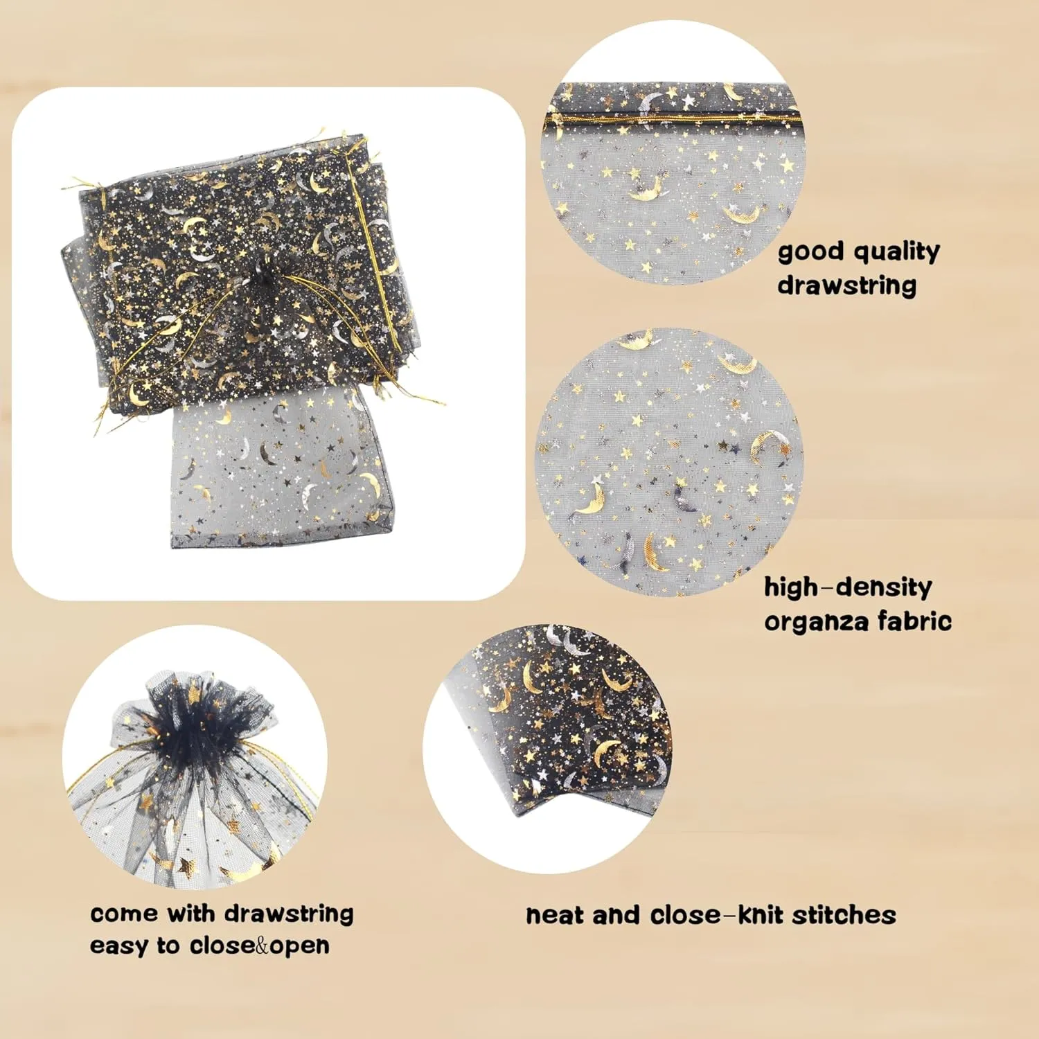 QIANHAILIZZ 100 Pack 7x9 Inch Moon Star Organza Jewelry Gift Pouch Candy Pouch Drawstring Wedding Favor Bags MS17 (black)