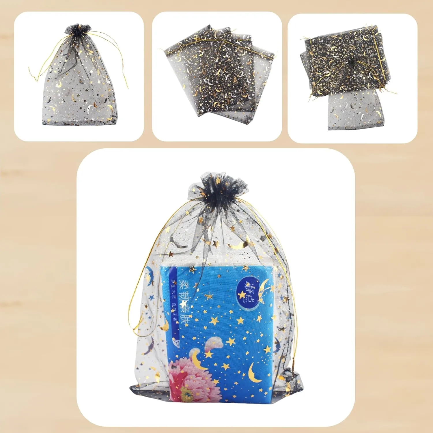 QIANHAILIZZ 100 Pack 7x9 Inch Moon Star Organza Jewelry Gift Pouch Candy Pouch Drawstring Wedding Favor Bags MS17 (black)