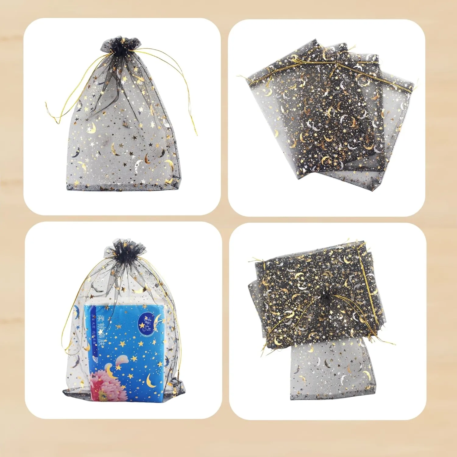QIANHAILIZZ 100 Pack 7x9 Inch Moon Star Organza Jewelry Gift Pouch Candy Pouch Drawstring Wedding Favor Bags MS17 (black)