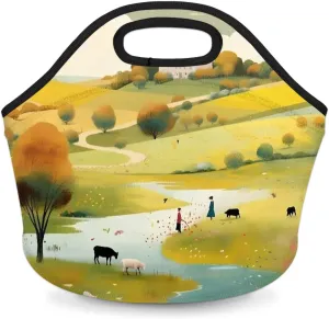 QsirBC Prairie Sheep Landscape Neoprene Lunch Bag with Smooth Zipper Portable Neoprene Lunch Box Reusable Insulated Lunch Tote Lunch Sack for Adults Women Men Work Picnic Camping Beach Fishing
