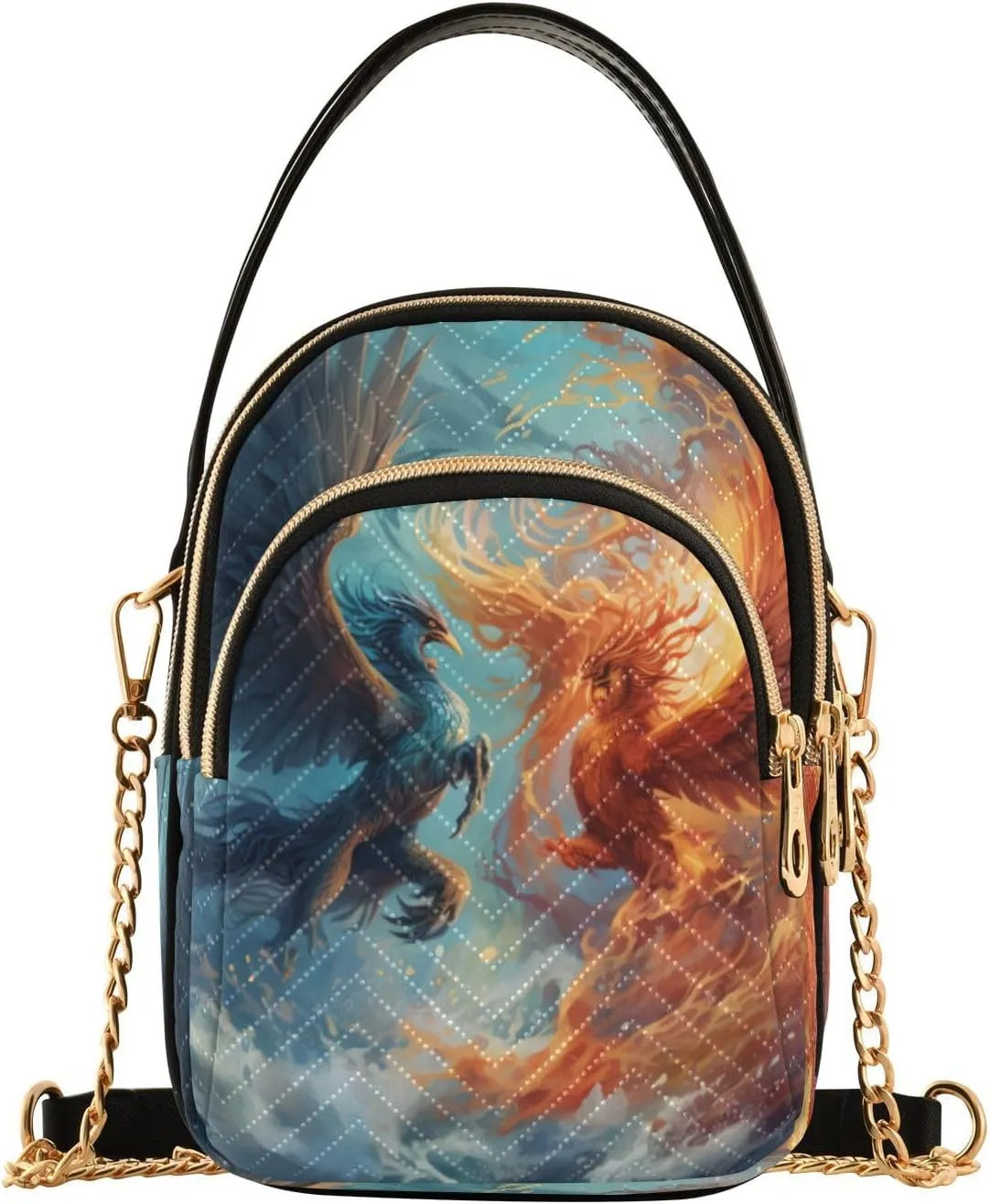 Quilted Crossbody Bags for Women,Fire Water Phoenix Fight Women's Crossbody Handbags Small Travel Purses Phone Bag
