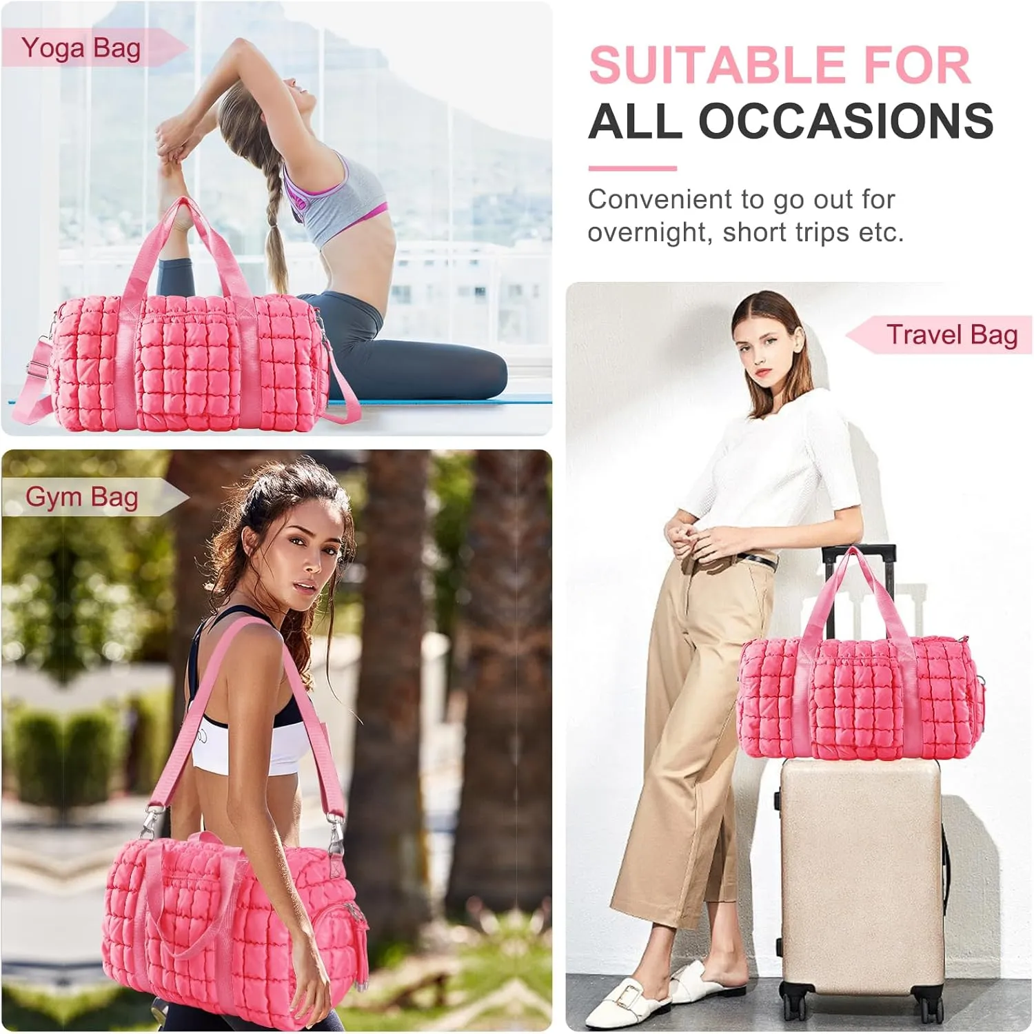 Quilted Gym Bag Duffle for Women,Duffle Bag for Travel with Shoes Compartment,Puffer Weekender Bags Overnight Carry On Bag with Trolley Sleeve for Airplanes,Personal Item Sports Duffel Dance Bag(Pink)